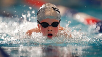 Young Swimmer in Action at Junior Swim Meet with Splashing Water