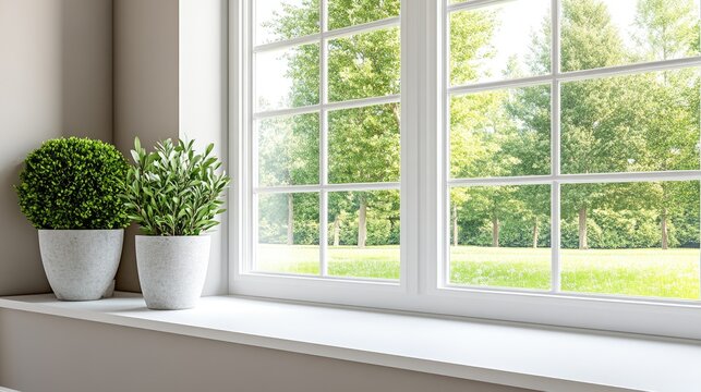 Close-up of a white bay window revealing reflections and soft light while featuring clean lines and a blurred backdrop of trees outside - Powered by Adobe