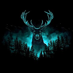 Electric King: Majestic Stag Emerging from the Glowing Cyan Forest