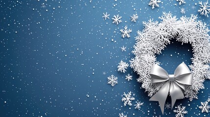 A festive wreath featuring white snowflakes and a shiny silver bow, set on a blue background with gentle snow falling, creating a holiday atmosphere
