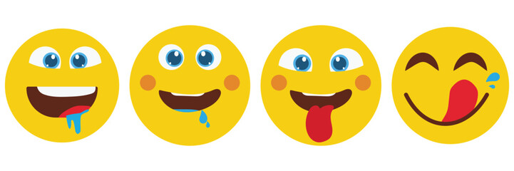 Yummy smiley face, emoticon face icon delicious, tasty emoji with saliva drops, tasty food symbol. Yummy smile face emoji icon vector set with tongue lick mouth. Vector illustration.