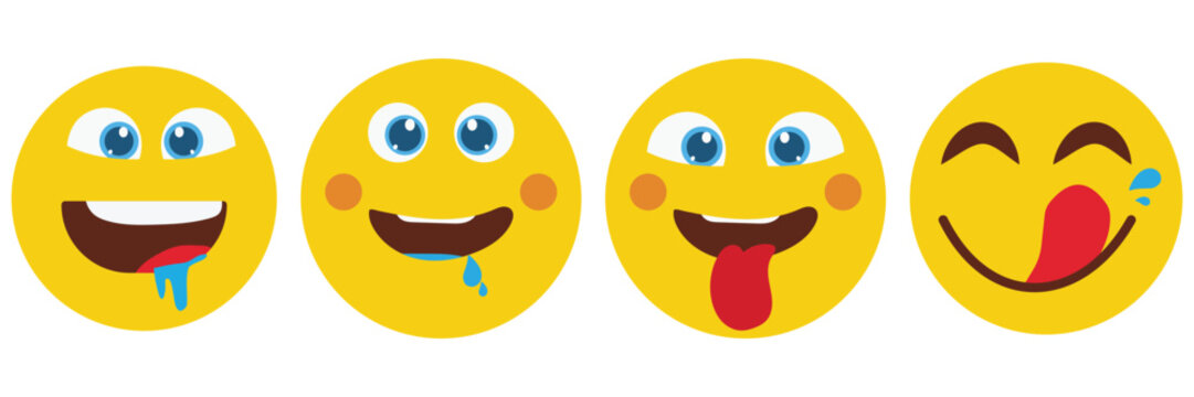 Yummy smiley face, emoticon face icon delicious, tasty emoji with saliva drops, tasty food symbol. Yummy smile face emoji icon vector set with tongue lick mouth. Vector illustration.