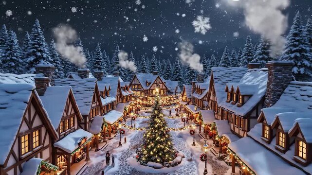 aerial view of small snowy forest town at night as Christmas lights turn on, magical winter holiday scene