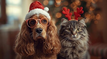Adorable Cocker Spaniel dog with cat in party glasses and reindeer headband on blurred background