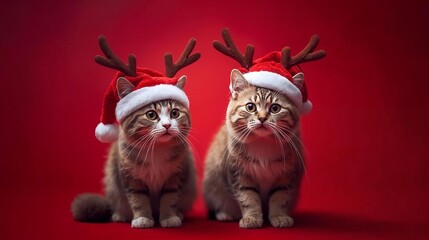 Cute santa claus two cats with santa hat and reindeer antlers, isolated on red background