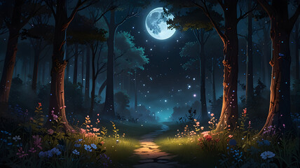 Fototapeta premium Enchanting moonlit forest path with glowing flora and ethereal fireflies
