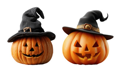 Two charming Halloween pumpkins wearing witch hats on a transparent background for festive decoration ideas
