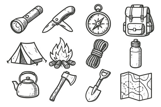 Camping icon coil icons campfire kettle water tent tools backpack knife vector