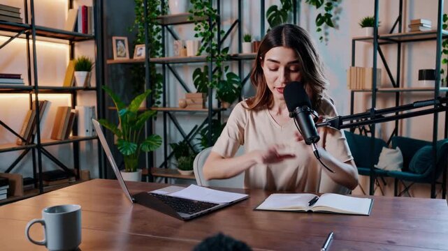intimate home podcast interview table white woman speaking into microphone with laptop and notes, camera