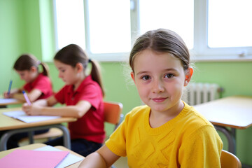 Smiling schoolgirl in a yellow sweater looking at the camera in a classroom setting