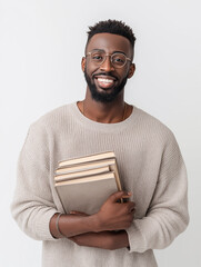 Young smiling male teacher holding stack of books. Education, knowledge, learning, and academic concept on neutral background.