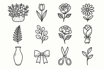 Floral vector vase blooms wrapped set garden eucalyptus icon daisy fern tulip