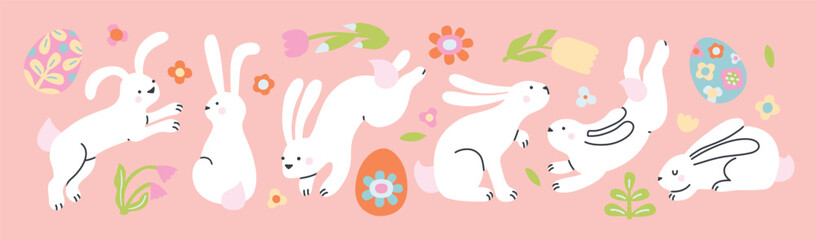 Collection of cute Easter rabbits. Cartoon characters of happy bunnies with Easter eggs, flowers. Doodle hares for Eastery card, sticker, banner, package design. Vector illustration, pastel colors.