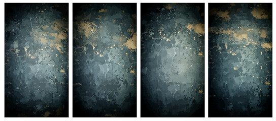 Four vertical panels with a dark textured abstract background in blue and green tones