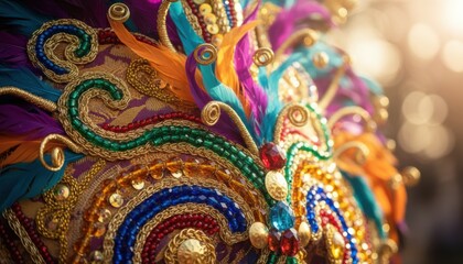 Close up of colorful carnival mask decorated with beads feathers and gems reflecting cultural artistry and festive craftsmanship in bright sunlight