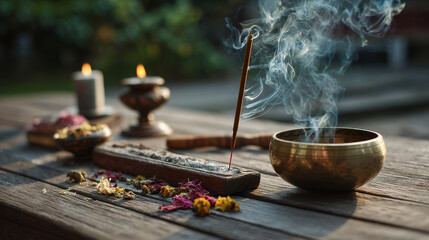 Incense stick smoldering in a holder with a burning candle.
