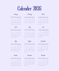 Calendar 2026 template, monthly, annual planner, journal, time management, digital diary, graphic design illustration wallpaper 