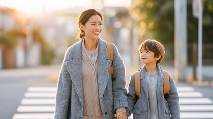 Mother walking with her son to school across a crossroad. Perfect for education, family lifestyle, safety concepts, back-to-school season, and parenting themes.
