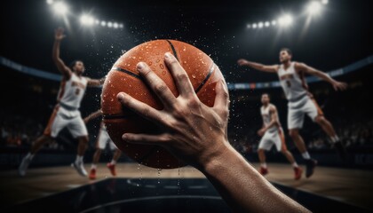 A close up of a hand gripping a basketball portrays ambition tension and the pursuit of excellence in fast paced games under bright arena lights highlighting physical skill and competitive spirit