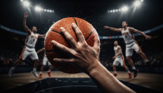 A close up of a hand gripping a basketball portrays ambition tension and the pursuit of excellence in fast paced games under bright arena lights highlighting physical skill and competitive spirit - Powered by Adobe