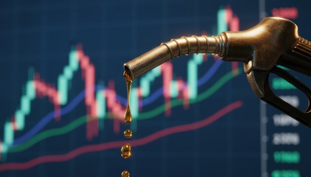 A fuel nozzle dripping oil against financial charts illustrates market volatility energy economics and shifting global trends with colorful graph lines symbolizing uncertainty and rapid change