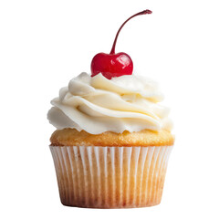 3D render of a classic cupcake with cream swirl and cherry on top, isolated