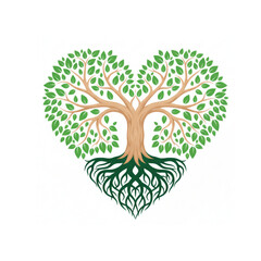 Tree of Life Shaped as a Heart with Green Leaves and Roots