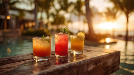 Three tropical cocktails at poolside bar during golden hour, backlit by sunset creating warm glow through glasses, palm trees in soft bokeh background