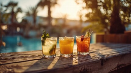 Three tropical cocktails at poolside bar during golden hour, backlit by sunset creating warm glow through glasses, palm trees in soft bokeh background