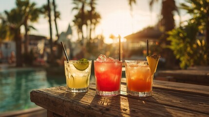 Three tropical cocktails at poolside bar during golden hour, backlit by sunset creating warm glow through glasses, palm trees in soft bokeh background