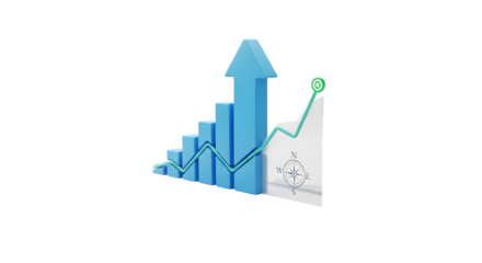 A 3d bar graph with an upward trending arrow and line chart