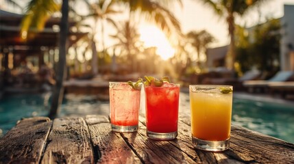 Three tropical cocktails at poolside bar during golden hour, backlit by sunset creating warm glow through glasses, palm trees in soft bokeh background