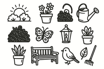Butterfly set rake icon lantern pot bench vector can morning garden
