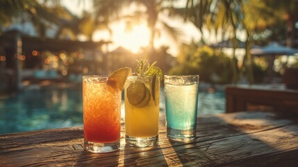 Three tropical cocktails at poolside bar during golden hour, backlit by sunset creating warm glow through glasses, palm trees in soft bokeh background