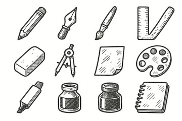 Vector pot ruler compass art icon tool icons ink artist tools eraser