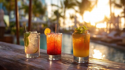 Three tropical cocktails at poolside bar during golden hour, backlit by sunset creating warm glow through glasses, palm trees in soft bokeh background