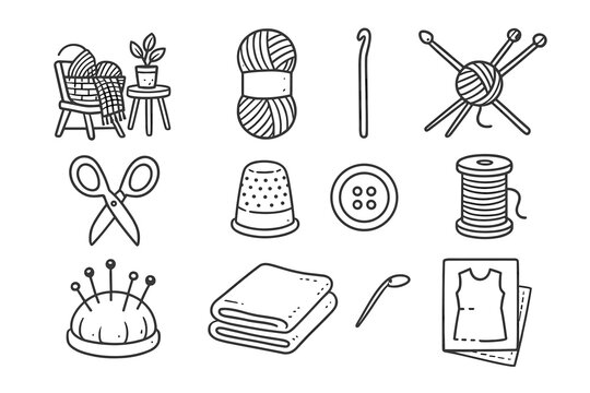 Fabric folded thimble button hook knitting sheet pincushion handmade icon icons vector