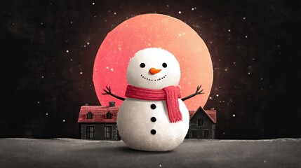 Snowman illustration with red scarf and background houses at night