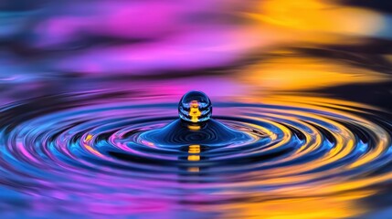 Holographic interference waves radiate from water droplet creating vibrant concentric ripples with purple blue and golden yellow spectral light reflections