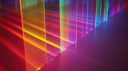 Fototapeta premium Laser beam divergence through transparent prisms creating rainbow spectrum interference patterns with vertical light rays and colorful reflections on surfaces
