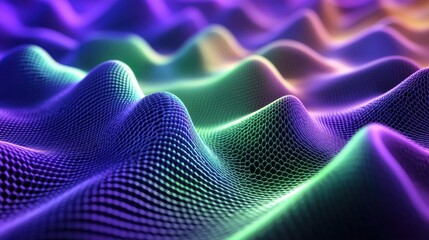 Interference fringe bands laser light digital mesh wave surface purple green gradients flowing undulating patterns three dimensional optical visualization