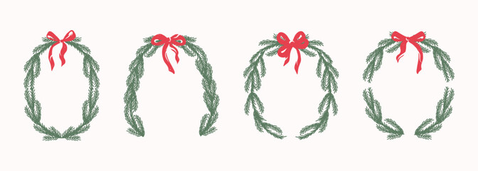 Retro Christmas decoration border with fir branches and bows. Hand drawn frames with branches Xmas tree. Vector illustration for party, poster, card, invitation. 