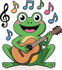 A cheerful cartoon frog playing an acoustic guitar with musical notes and a treble clef floating around it isolated on transparent background