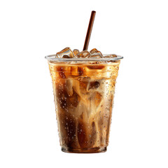 Iced coffee latte in plastic takeaway cup with straw and ice cubes isolated on white background