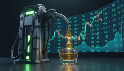 A visual concept illustrating the link between fuel prices and market volatility using a fuel nozzle dripping into a glass. It represents economic sensitivity to energy shifts