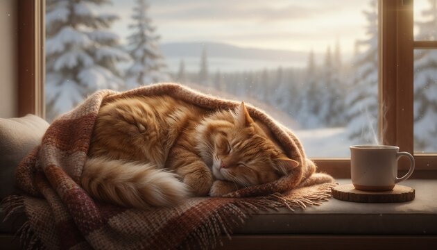 Orange cat sleeping wrapped in a blanket by the winter window  