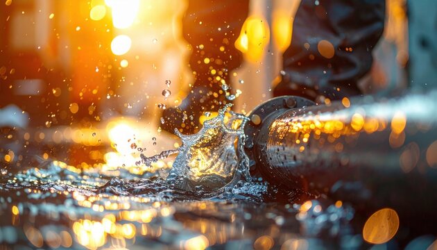 Water splashing from broken pipe at sunset highlighting industrial maintenance challenges and urgent plumbing repairs with golden light reflections - Powered by Adobe
