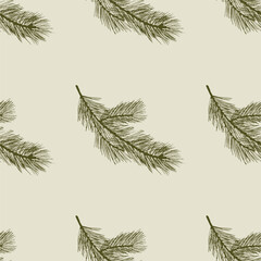 Seamless pattern with monochrome pine branch in woodcut and linocut style. Perfect for winter designs, Christmas packaging, wrapping paper, textiles, and botanical backgrounds.