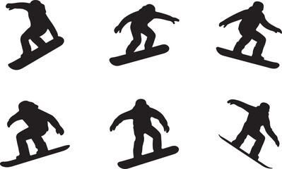 Six Snowboarder Silhouettes on White Background snowboarding