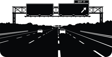 Black and white highway with exit sign and cars road, highway, road, traffic, cars, exit, sign, transportation, travel, journey, speed, asphalt, lanes, white lines, black and white, silhouette, overhe